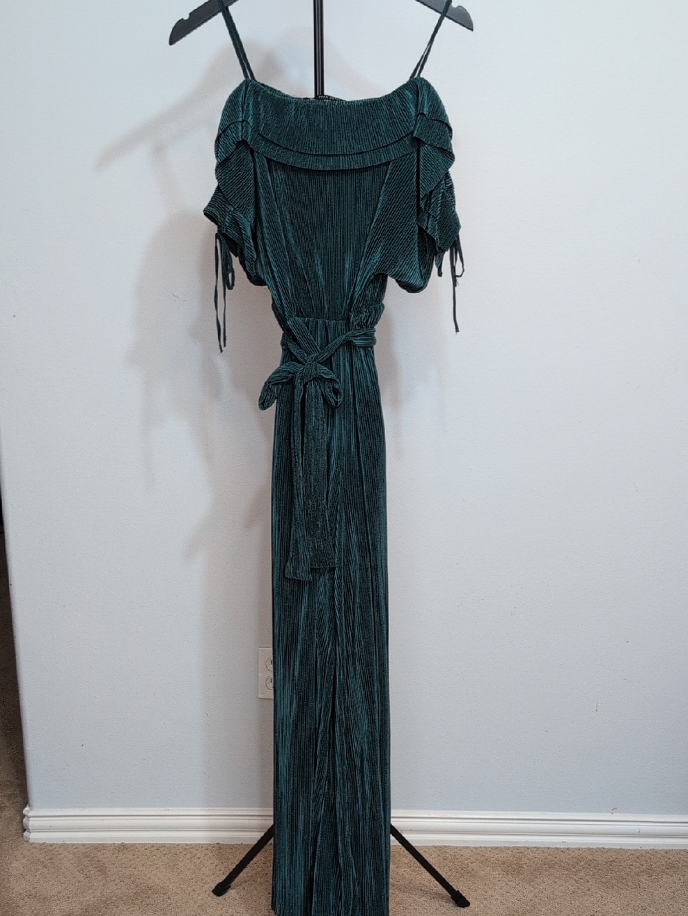 Zara Teal Pleated Off-Shoulder Jumpsuit
